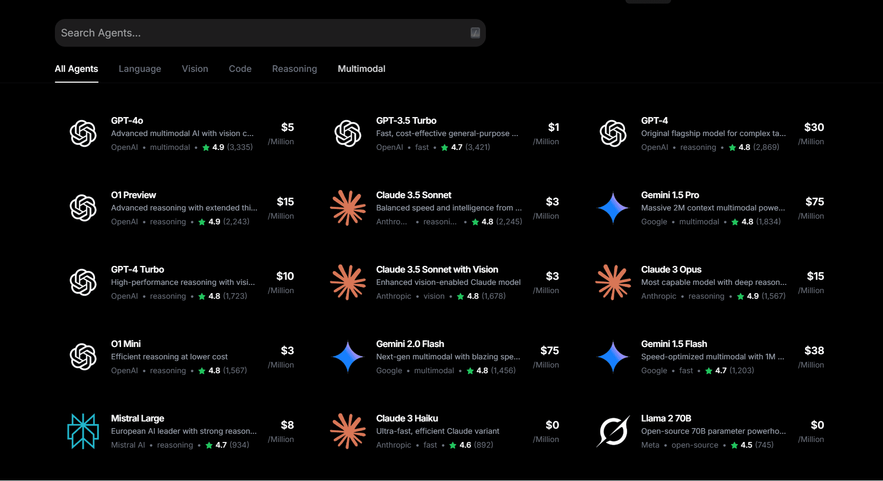 Screenshot of browsing AI agents and models with search and filters