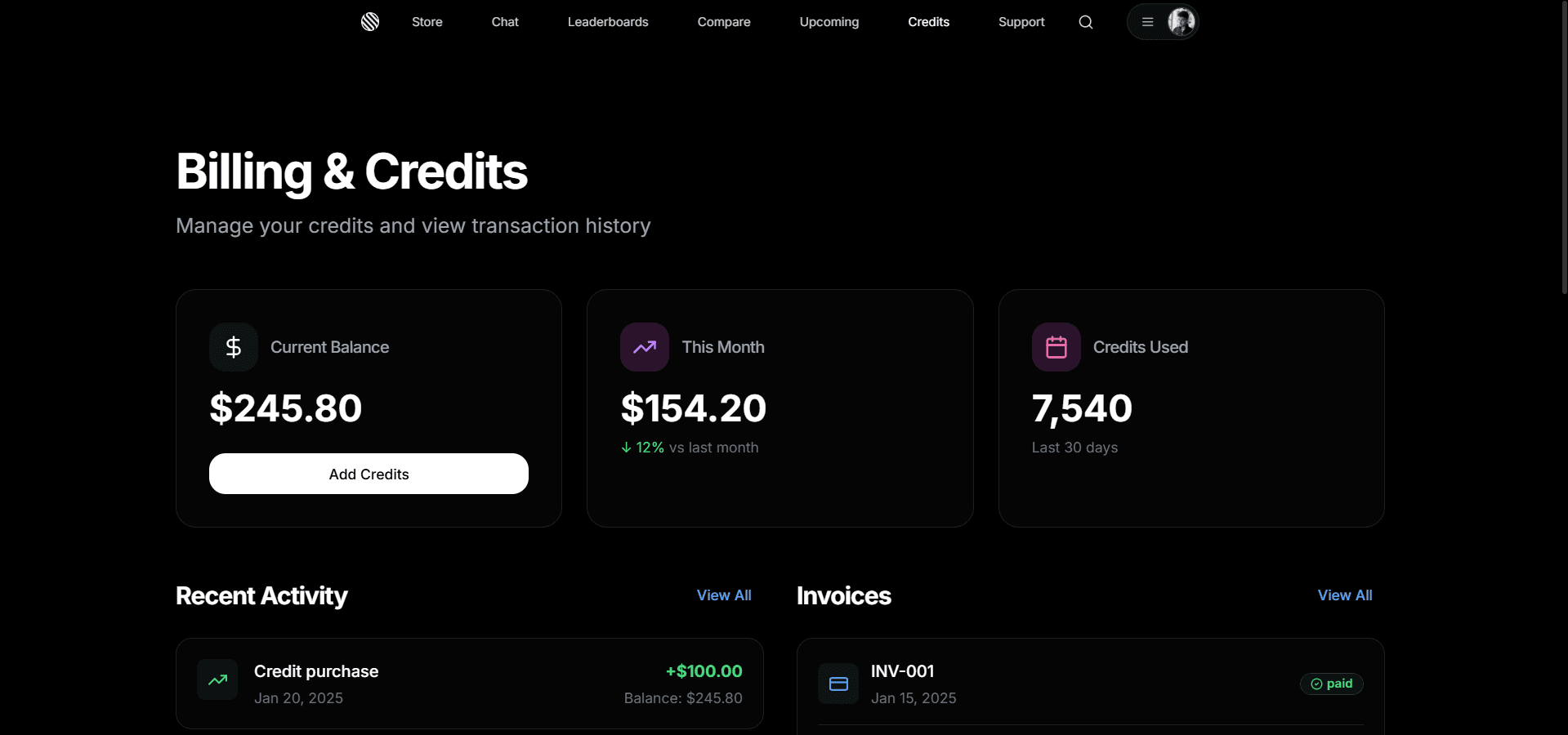 Screenshot of credits based pricing system