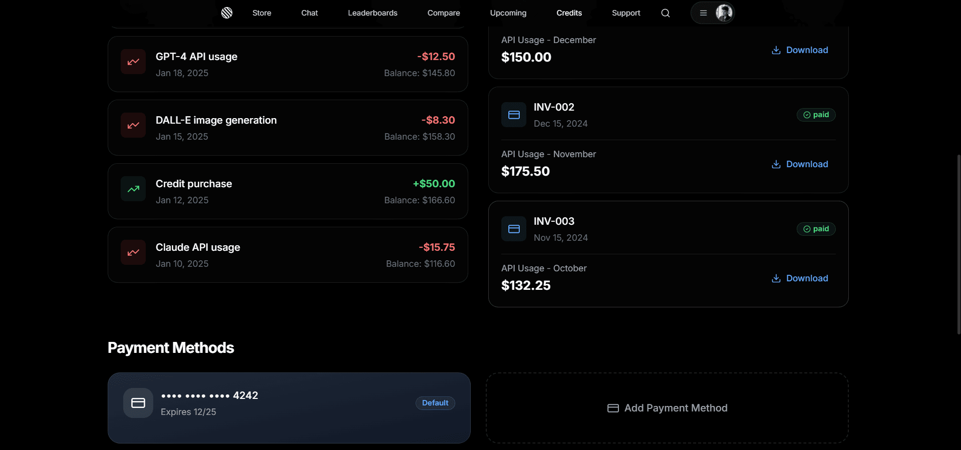 Screenshot of prepaid credits dashboard